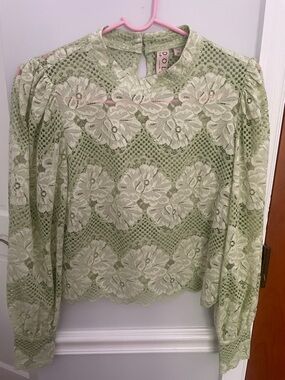 Dolan Light Sage Green Floral Lace Puff Sleeve Blouse XS